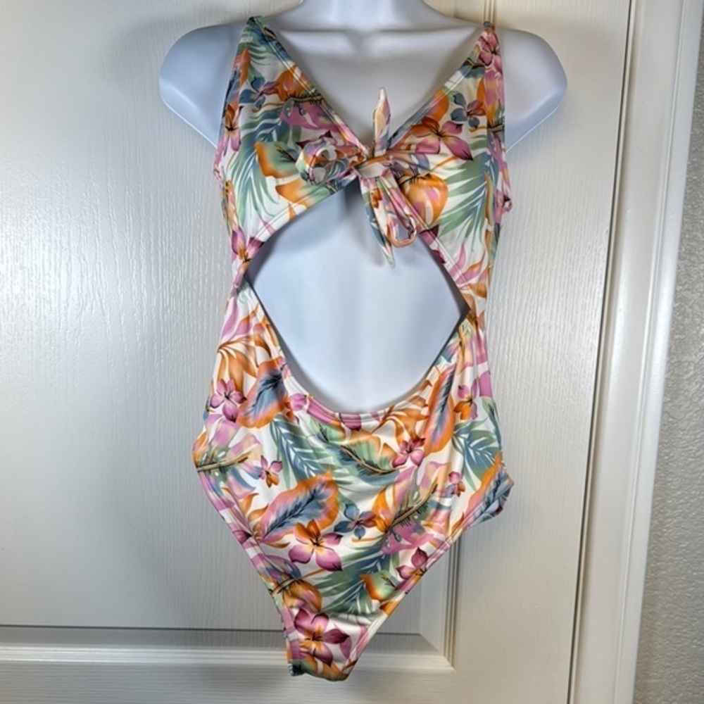 Hurley White Tropical Floral UPF 50+ Front Back Keyhole Swimsuit Size XL #2708